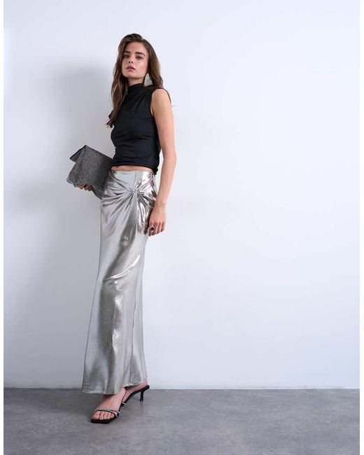 TOPSHOP White Metallic Knot Midi Skirt