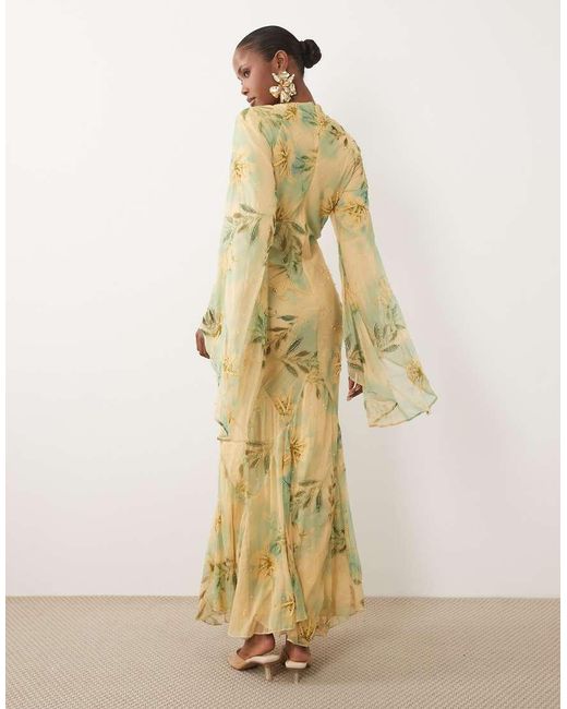 ASOS Natural Embellished Print Maxi Dress With Volume Sleeve