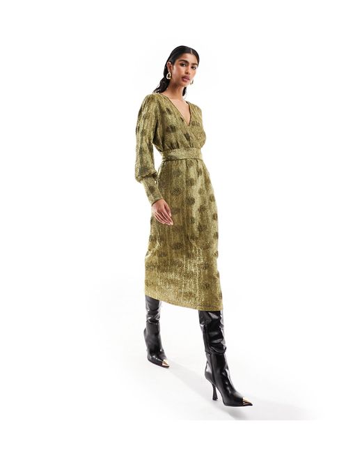 Y.A.S Green Textured Plisse Glitter Midi Dress