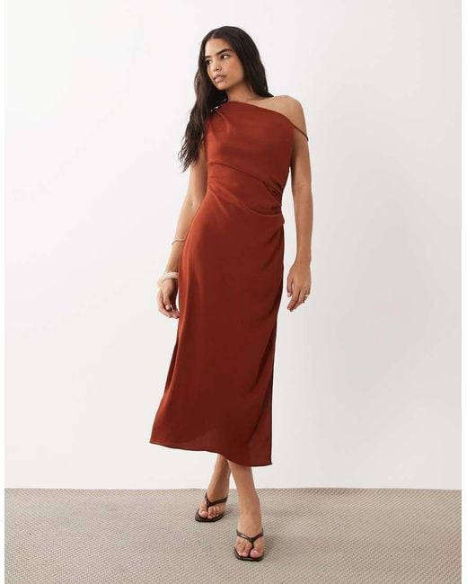 Mango Red Satin Cowl Neck Asymmetric Midi Dress