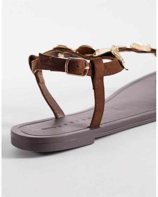 ASOS Brown Fortuna Toe Post Flat Sandals With Coins