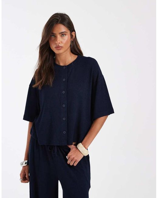 ASOS Blue Textured Knit Boxy Crop Button Down Top