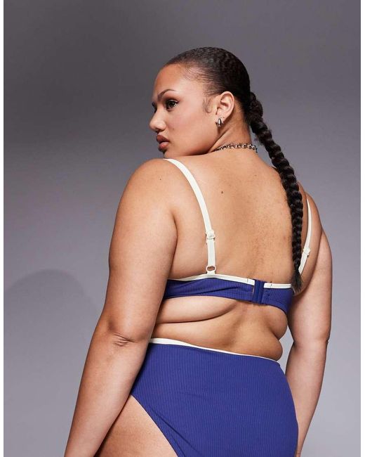 ASOS Blue Asos Design Curve Ronnie Ribbed Contrast Binding Marina Del Rey High Apex Plunge Underwire Bikini Top