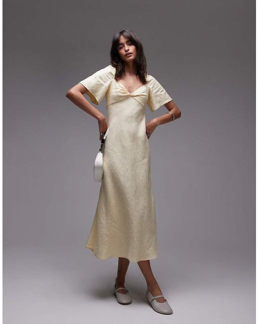& Other Stories Gray Linen Puff Sleeve Midaxi Dress With Twist Sweetheart Neckline