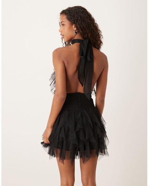 LACE & BEADS Natural Ruffle Halter Drop Hem Mini Dress