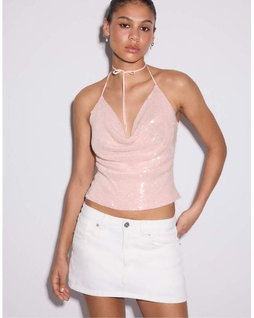 Stradivarius White Sequin Halter Top