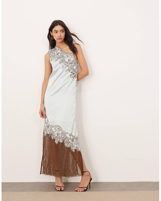 ARRANGE Natural Applique Embroidered Lace Panelled One Shoulder Column Maxi Dress