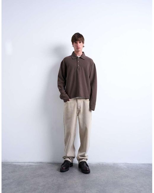 Topman Brown Boxy Fit Waffle Polo Sweat for men