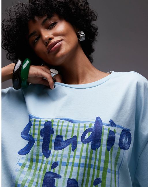 TOPSHOP Blue Jersey Graphic Scarf Print Oversized Top