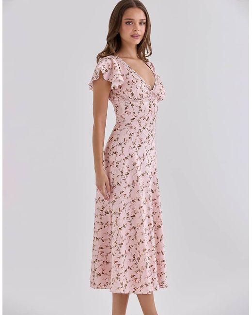 House Of Cb Pink Raye Vintage Floral Print Satin V-Neck Midi Tea Dress