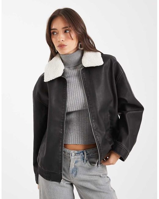 Hollister Black Sherpa Collar Faux Leather Bomber Jacket