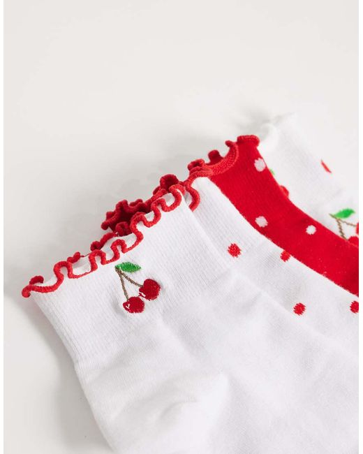New Look Red 4 Pack Cherry Frill Top Socks