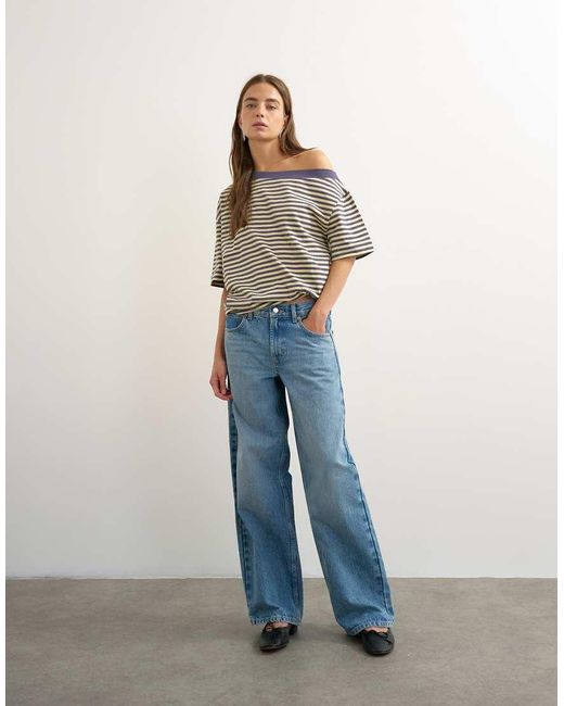 TOPSHOP Brown Stripe Off Shoulder T-shirt