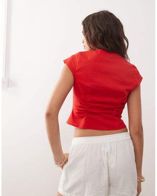 Collusion Red Plunge Cap Sleeve Top With Hook And Eye Detail