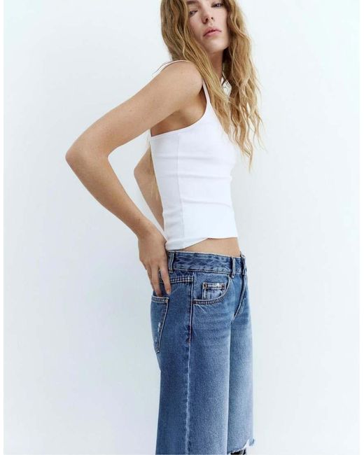 Pull&Bear Blue Ripped Low-Rise Straight Leg Jeans