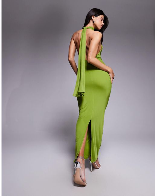 ASOS Green Mesh Twist Bust Detail Long Sleeve Halter Maxi With Tie Back Neck