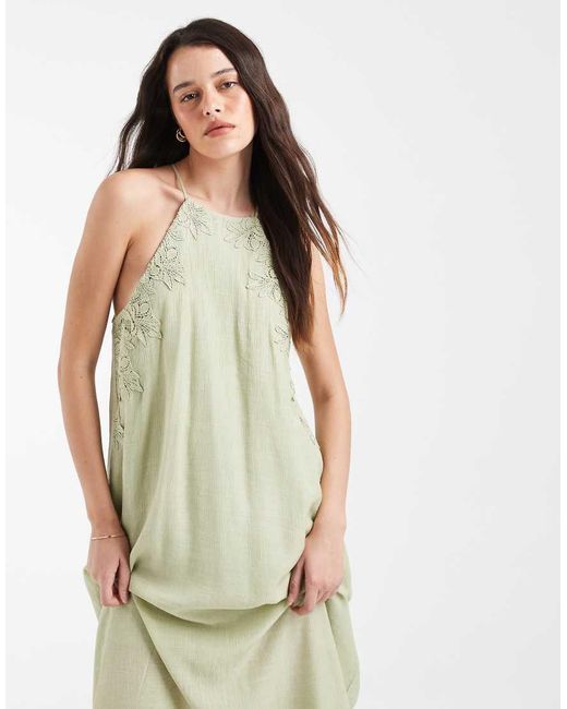 Object White Textured Halter Neck Maxi Dress With Embroidery