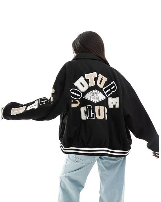 The Couture Club Black Logo Badge Chenille Collared Varsity Jacket