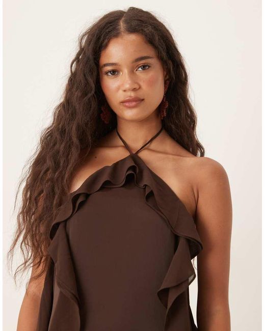 Six Stories Brown Exclusive Halter Ruffle Maxi Dress