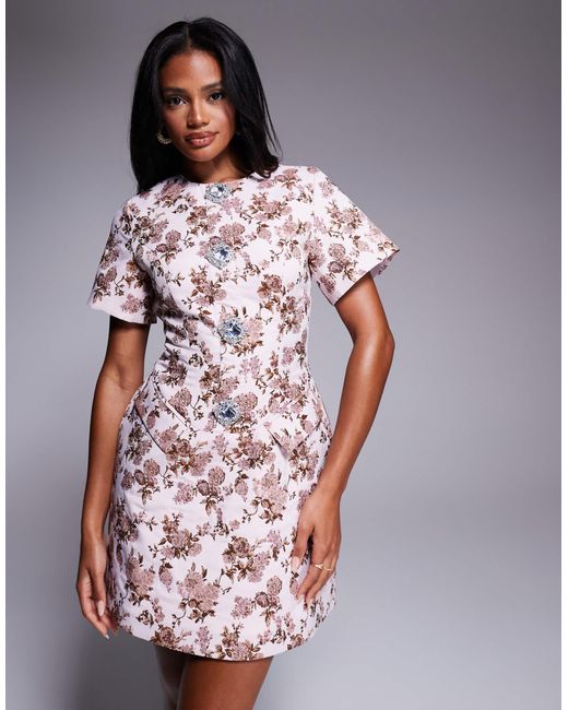 ASOS White Jacquard Sculpted Mini Dress With Embellished Buttons