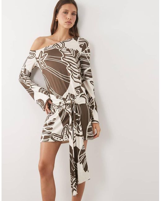 ASOS Natural Long Sleeve Off Shoulder With Tie Detail Mini Dress