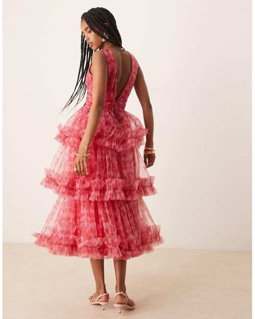 Vestito A Balze Rosso E A Fiori Con Volant E Gonna Al Polpaccio di LACE & BEADS in Red