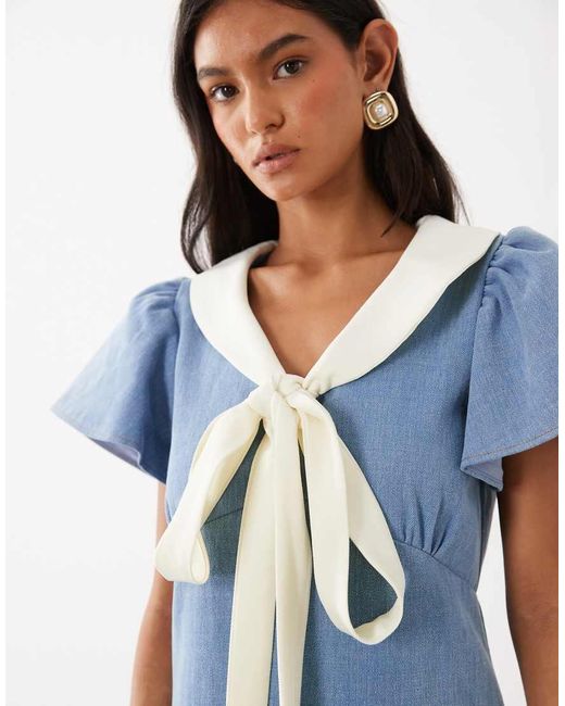 Sister Jane Blue Kasos Denim Bow Detail Short Sleeve Mini Dress