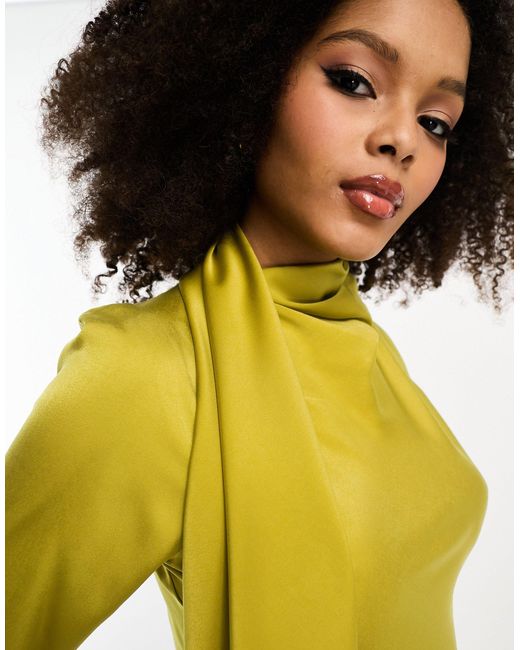 ASOS Long Sleeve Satin Bias Maxi Dress With Scarf Detail in Yellow | Lyst