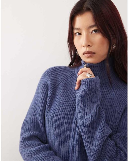 Monki Blue Ribbed Knitted Two Way Zip Cardigan
