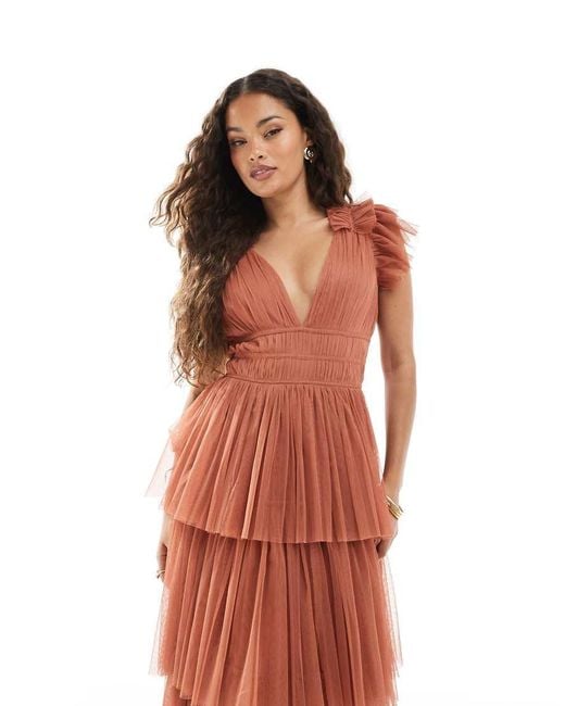 LACE & BEADS Bridesmaid Ruffle Tiered Tulle Maxi Dress