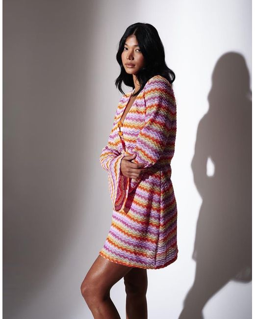 South Beach Red Chevron Crochet Mini Kaftan With Beaded Trim