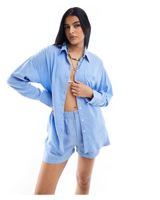 Lindex Blue Magda Linen Blend Oversized Beach Shirt