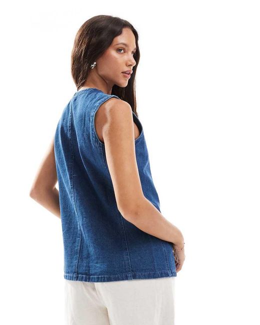Brave Soul Blue Longline Cotton Denim Waistcoat With Tie Front