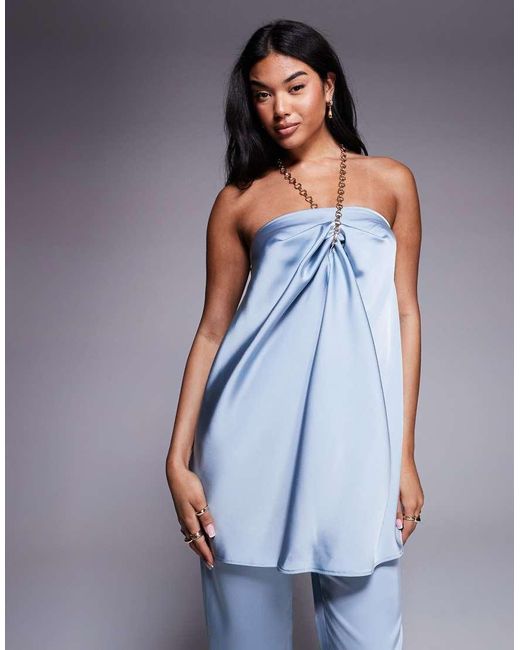 ASOS Blue Tailored Satin Halter Neck Top With Chain Detail Co-Ord
