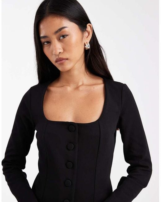 New Look Black Square Neck Button Long Sleeve Top