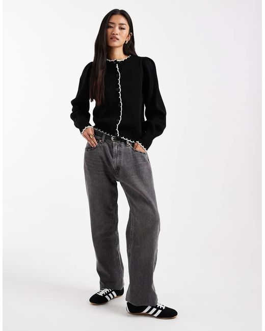 Miss Selfridge Black Blanket Stitch Cardigan With Puff Sleeve