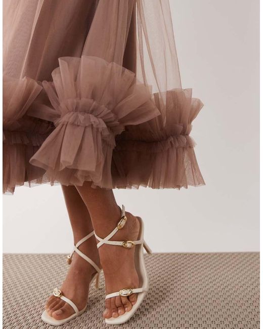 LACE & BEADS Brown Tulle Bandeau Midi Dress With Frill Hem