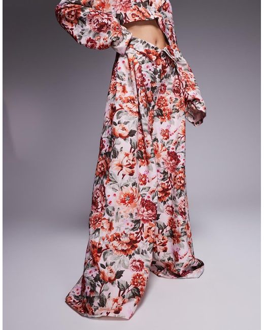ASOS Pantalon Met Wijde Pijpen, Bloemenprint En Linnenlook, Deel Van Co-Ord Set in het Red