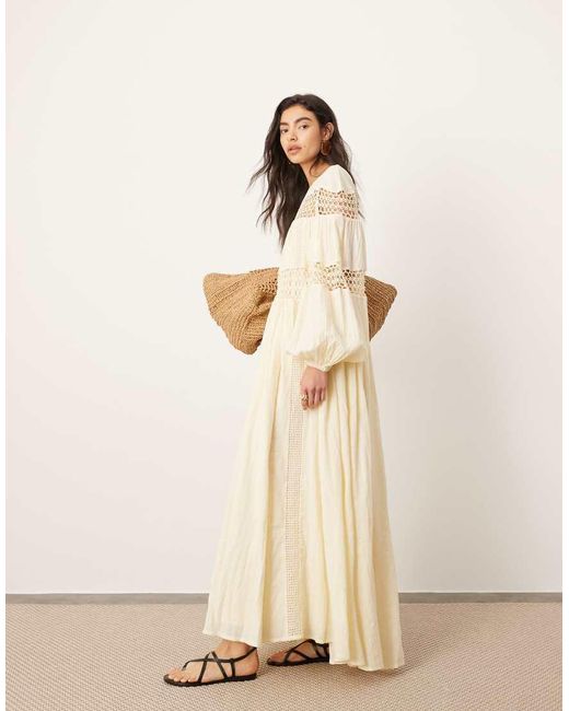 ASOS Natural Crochet Trim Drop Waist Blouson Sleeve Trapeze Maxi Dress