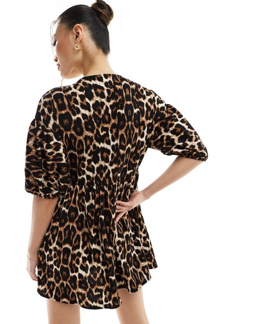 ASOS Black – minikleid mit puffärmeln, gebundener vorderseite und leopardenmuster