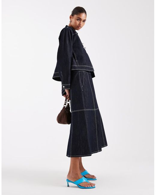 JJXX Blue Contrast Stitch Denim Midaxi Skirt