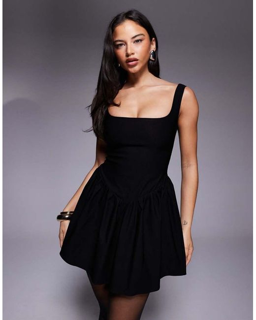 Vesper Black Bengaline Square Neck Skater Mini Dress