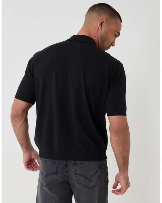 Threadbare Black Relaxed Fit Knitted Quarter Zip Polo for men