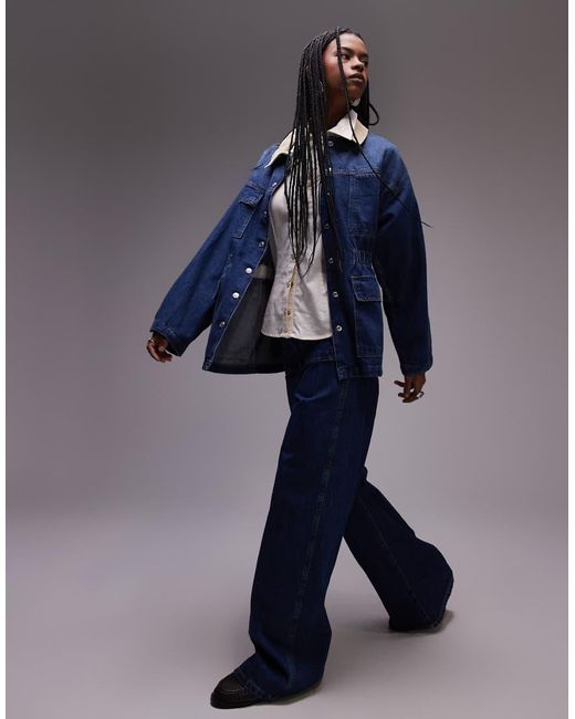 TOPSHOP Blue Denim Elasticated Waist Barn Jacket With Cord Collar