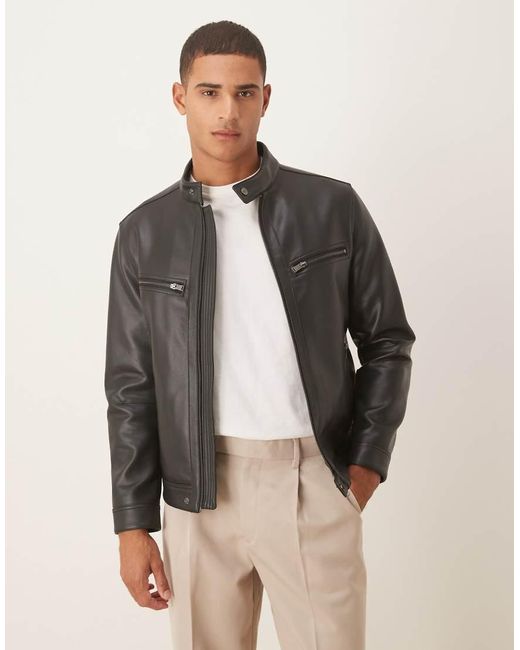 Mango Gray Faux Leather Collarless Pocket Detail Jacket for men