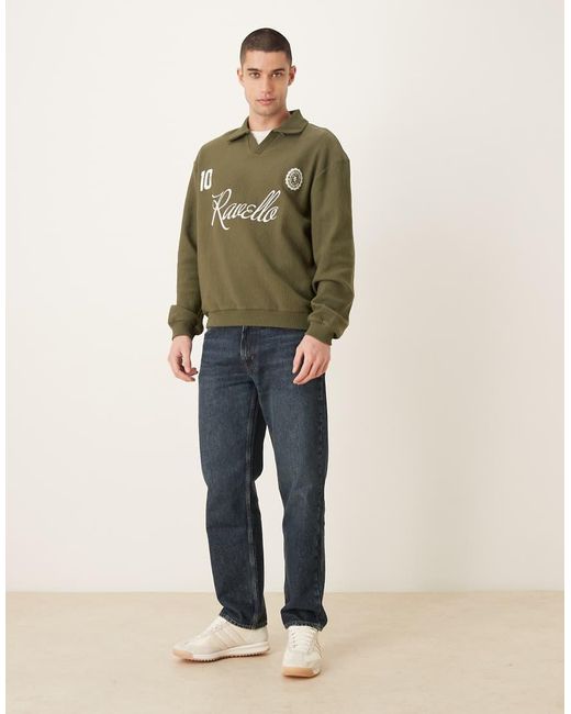 ASOS Green Relaxed Fit Notch Polo Neck Ribbed Sweatshirt With Chest Print for men