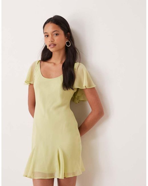 ASOS Natural Ruffle Sleeve Scoop Bias Mini Dress