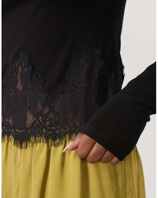 Noughts & Kisses Black Tala Wool Feel Sheer Mesh High Neck Lace Eyelash Trim Top