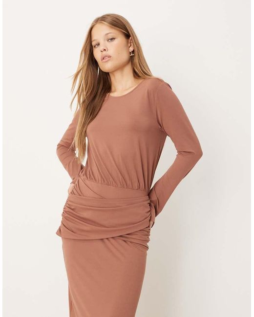 ASOS Natural Long Sleeve Ruched Wrap Waist Maxi Dress