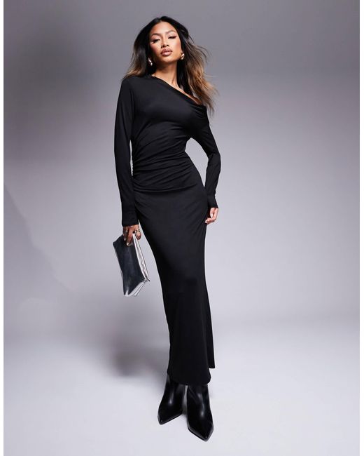 Robe mi-longue froncée sur le côté à manches longues et épaule tombante ASOS en coloris Blue